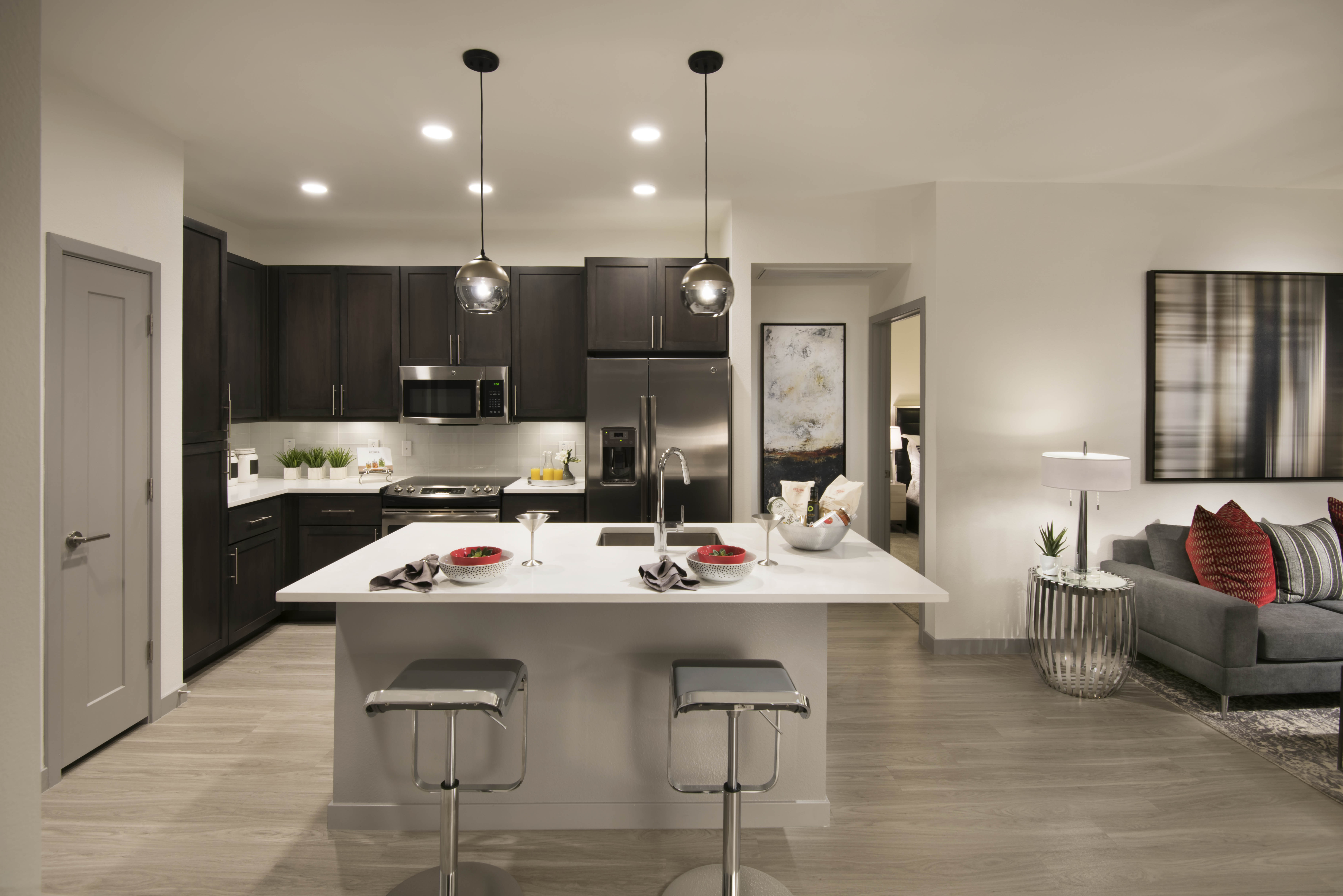 Muse quartz counter tops, island, model apartment